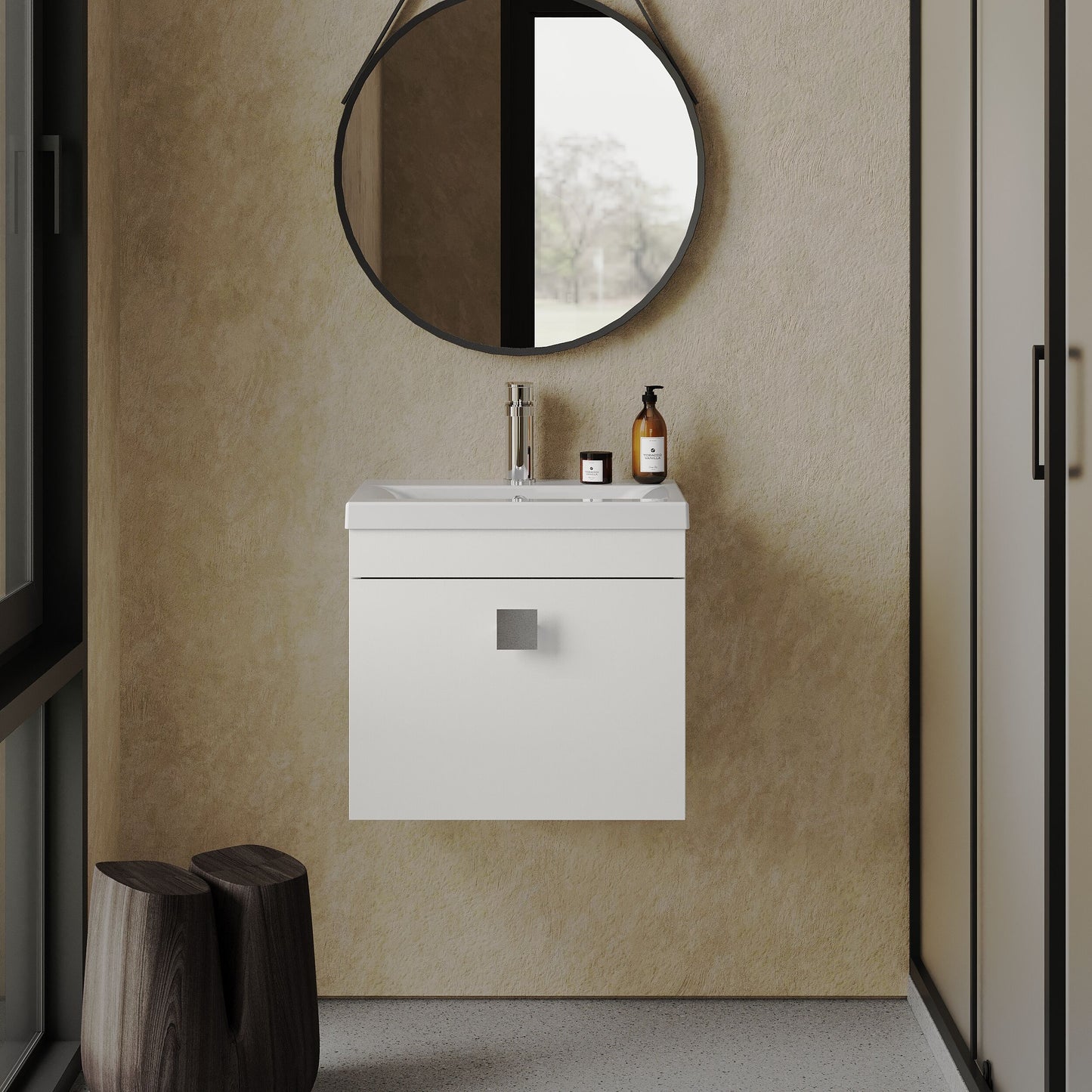 [BFRI013A7] Rio 1 Drawer Wall Hung Vanity Basin Unit - 500mm - Gloss White with Chrome Square Handle (Tap Not Included) - Lifestyle 1