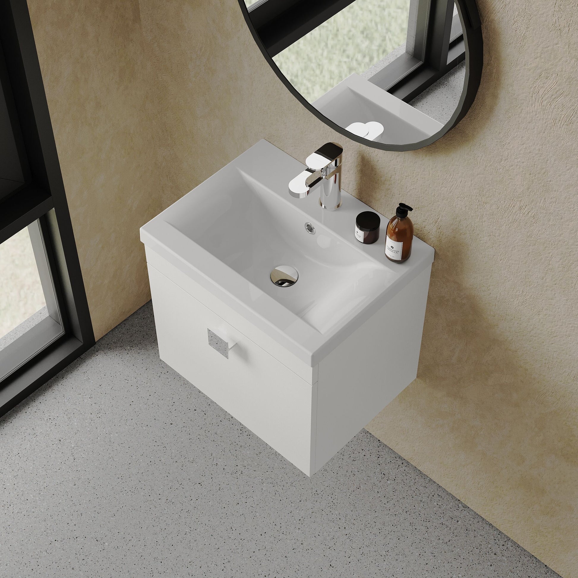 [BFRI013A7] Rio 1 Drawer Wall Hung Vanity Basin Unit - 500mm - Gloss White with Chrome Square Handle (Tap Not Included) - Lifestyle 2
