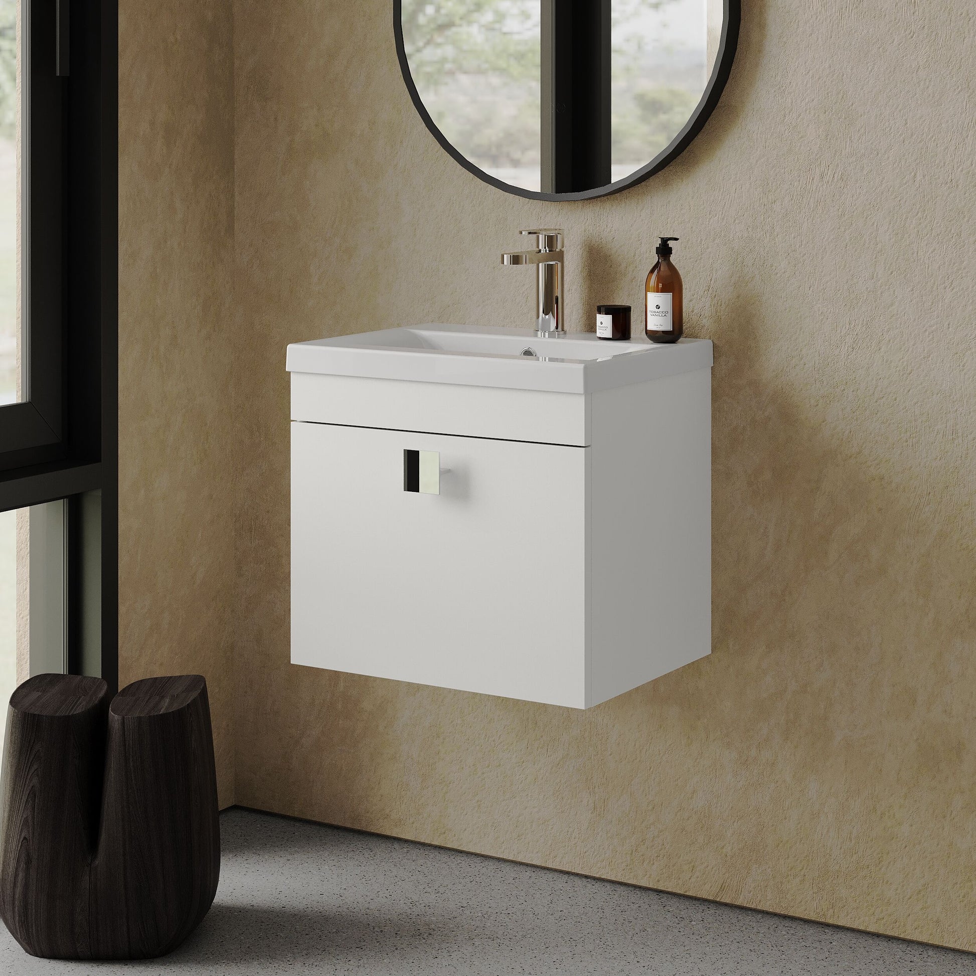 [BFRI013A7] Rio 1 Drawer Wall Hung Vanity Basin Unit - 500mm - Gloss White with Chrome Square Handle (Tap Not Included) - Lifestyle 3