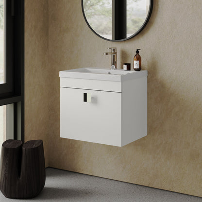 [BFRI013A7] Rio 1 Drawer Wall Hung Vanity Basin Unit - 500mm - Gloss White with Chrome Square Handle (Tap Not Included) - Lifestyle 3