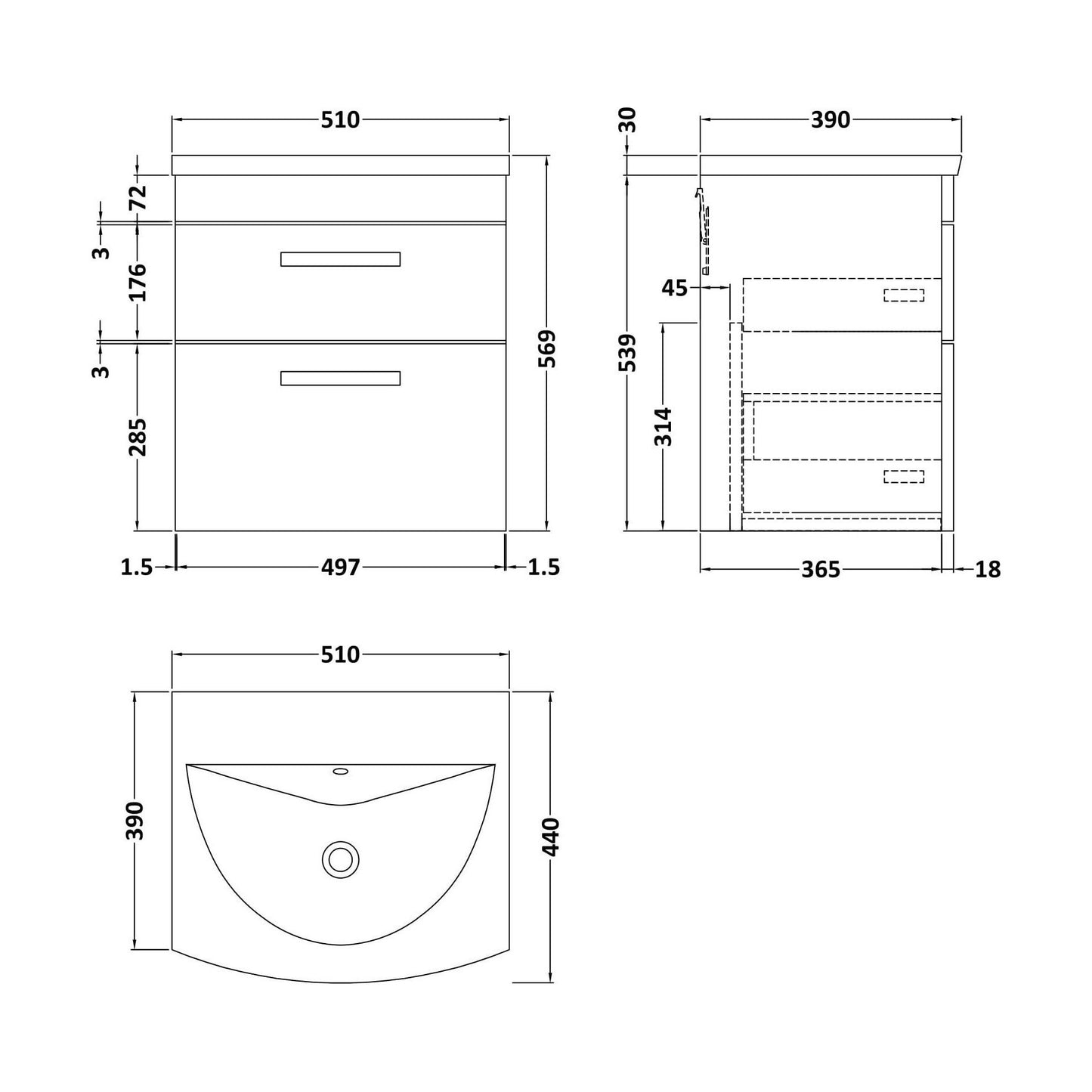 [BFRI018G] Millwich Contemporary 2 Drawer Wall Hung Vanity Unit with Curved Basin, Anthracite Woodgrain, 500mm - Technical Drawing