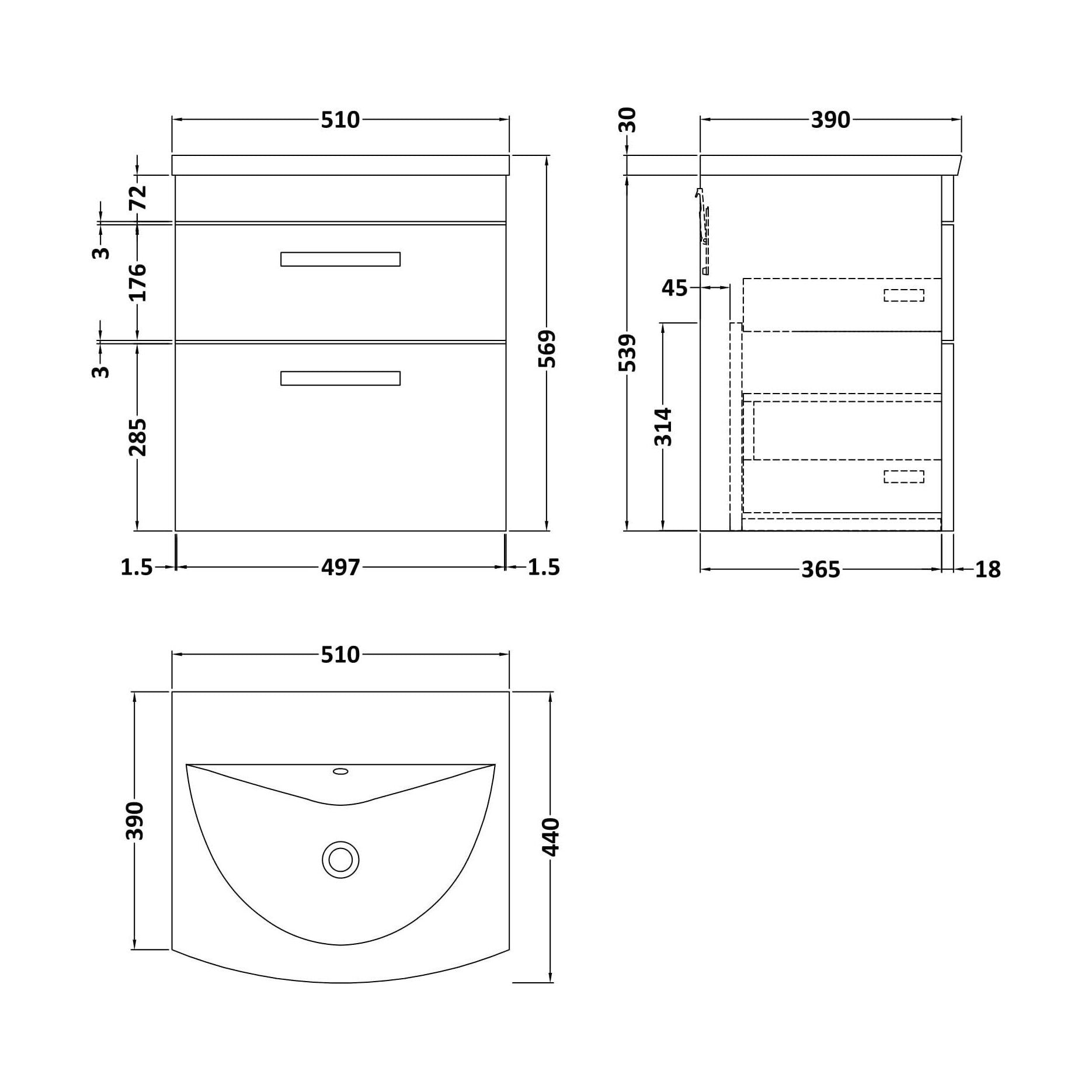 [BFRI018G] Millwich Contemporary 2 Drawer Wall Hung Vanity Unit with Curved Basin, Anthracite Woodgrain, 500mm - Technical Drawing