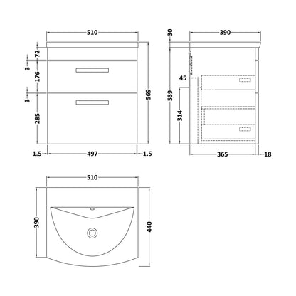 [BFRI018G] Millwich Contemporary 2 Drawer Wall Hung Vanity Unit with Curved Basin, Anthracite Woodgrain, 500mm - Technical Drawing