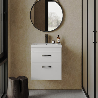 [BFRI020A17] Rio 2 Drawer Wall Hung Vanity Basin Unit - 500mm - Gloss White with Black D-shaped handles (Tap Not Included) - Balterley - Lifestyle 1