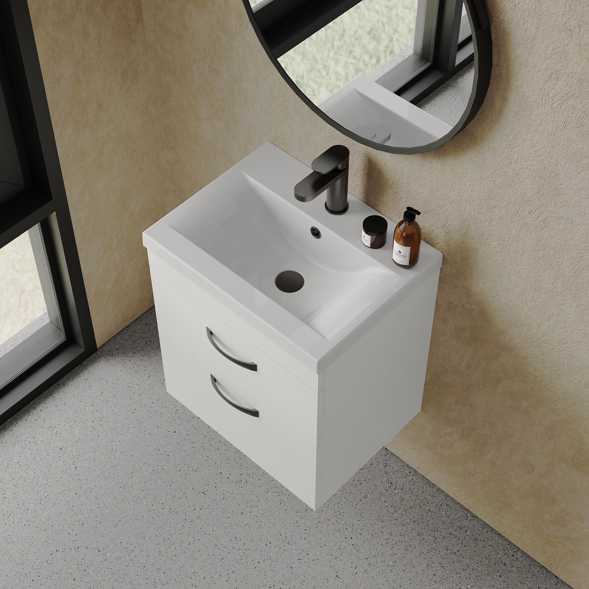 [BFRI020A17] Rio 2 Drawer Wall Hung Vanity Basin Unit - 500mm - Gloss White with Black D-shaped handles (Tap Not Included) - Balterley - Lifestyle 2