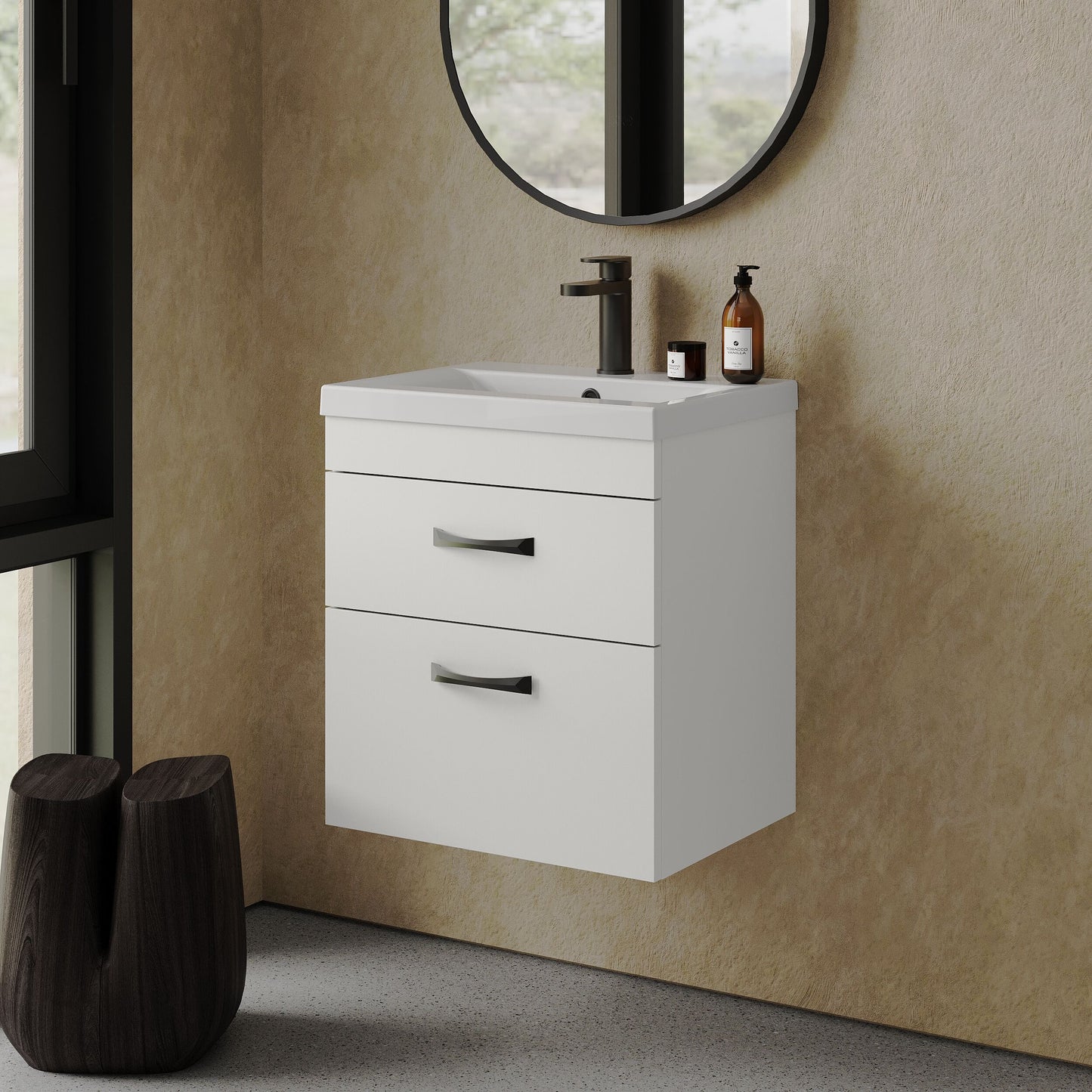 [BFRI020A17] Rio 2 Drawer Wall Hung Vanity Basin Unit - 500mm - Gloss White with Black D-shaped handles (Tap Not Included) - Balterley - Lifestyle 3