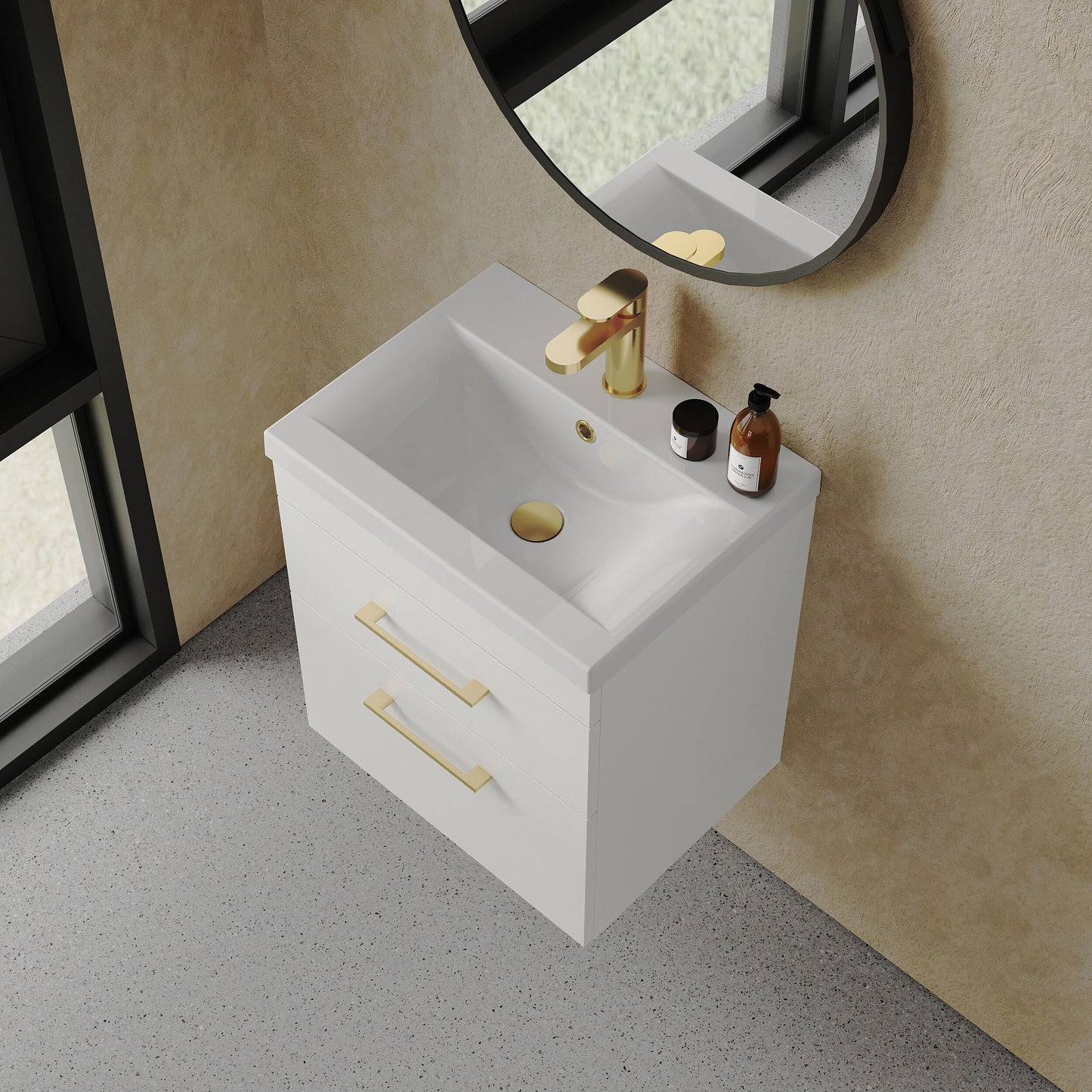 [BFRI020A68] Rio 2 Drawer Wall Hung Vanity Basin Unit - 500mm - Gloss White with Brushed Brass D-shaped handles (Tap Not Included) - Lifestyle 2