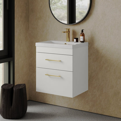 [BFRI020A68] Rio 2 Drawer Wall Hung Vanity Basin Unit - 500mm - Gloss White with Brushed Brass D-shaped handles (Tap Not Included) - Lifestyle 3
