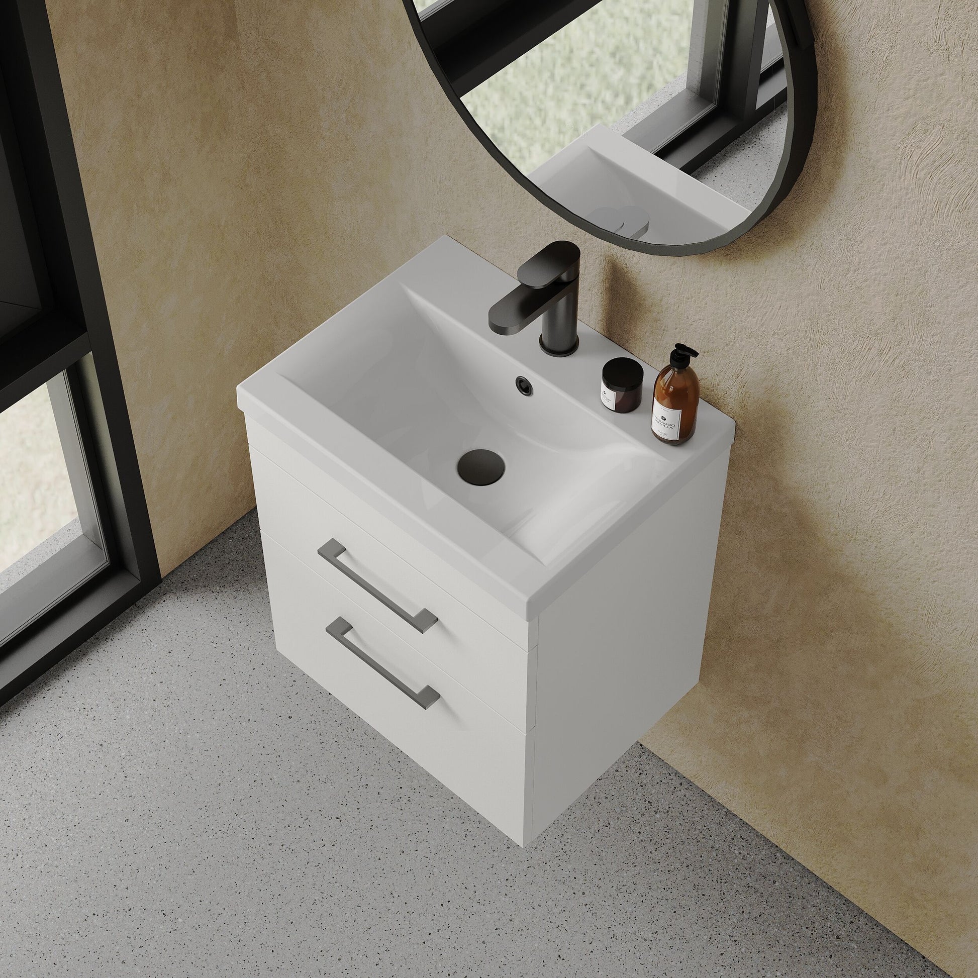 [BFRI020A69] Rio 2 Drawer Wall Hung Vanity Basin Unit - 500mm - Gloss White with Square Black D-shaped handles (Tap Not Included) - Balterley - Lifestyle 2