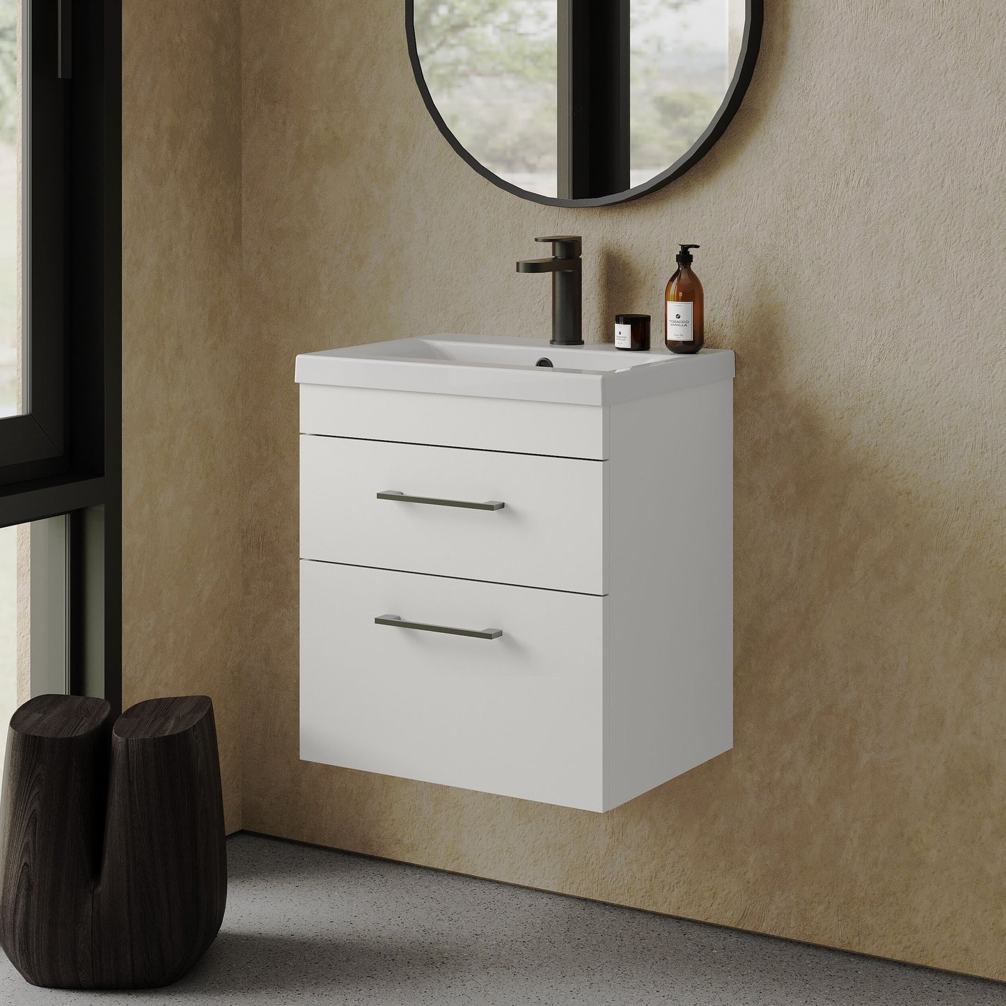 [BFRI020A69] Rio 2 Drawer Wall Hung Vanity Basin Unit - 500mm - Gloss White with Square Black D-shaped handles (Tap Not Included) - Balterley - Lifestyle 3