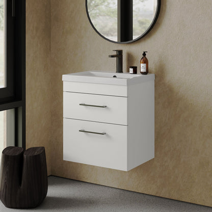 [BFRI020A69] Rio 2 Drawer Wall Hung Vanity Basin Unit - 500mm - Gloss White with Square Black D-shaped handles (Tap Not Included) - Balterley - Lifestyle 3