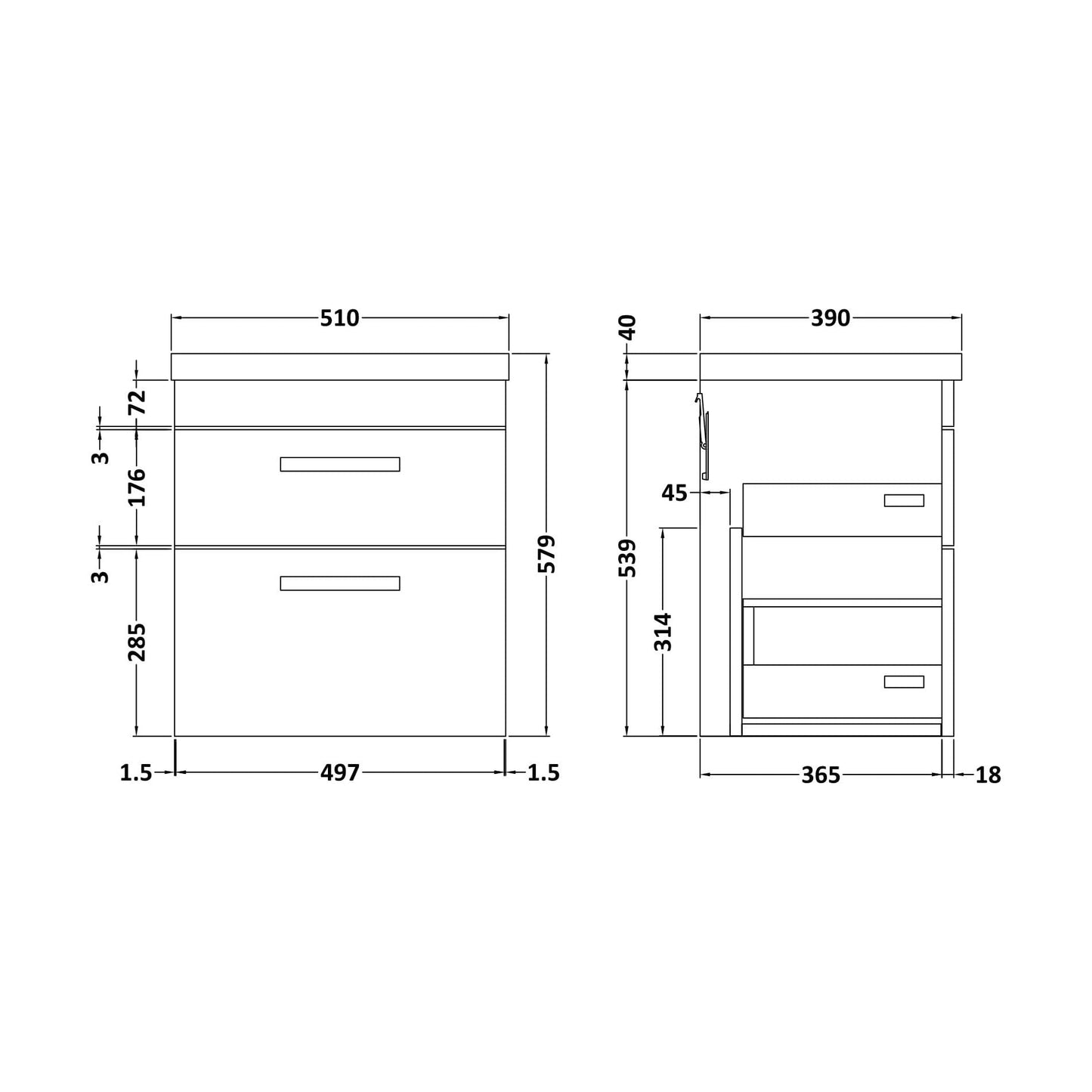 [BFRI020A7] Rio 2 Drawer Wall Hung Vanity Basin Unit - 500mm - Gloss White with Chrome Square Handles (Tap Not Included) - Technical Drawing