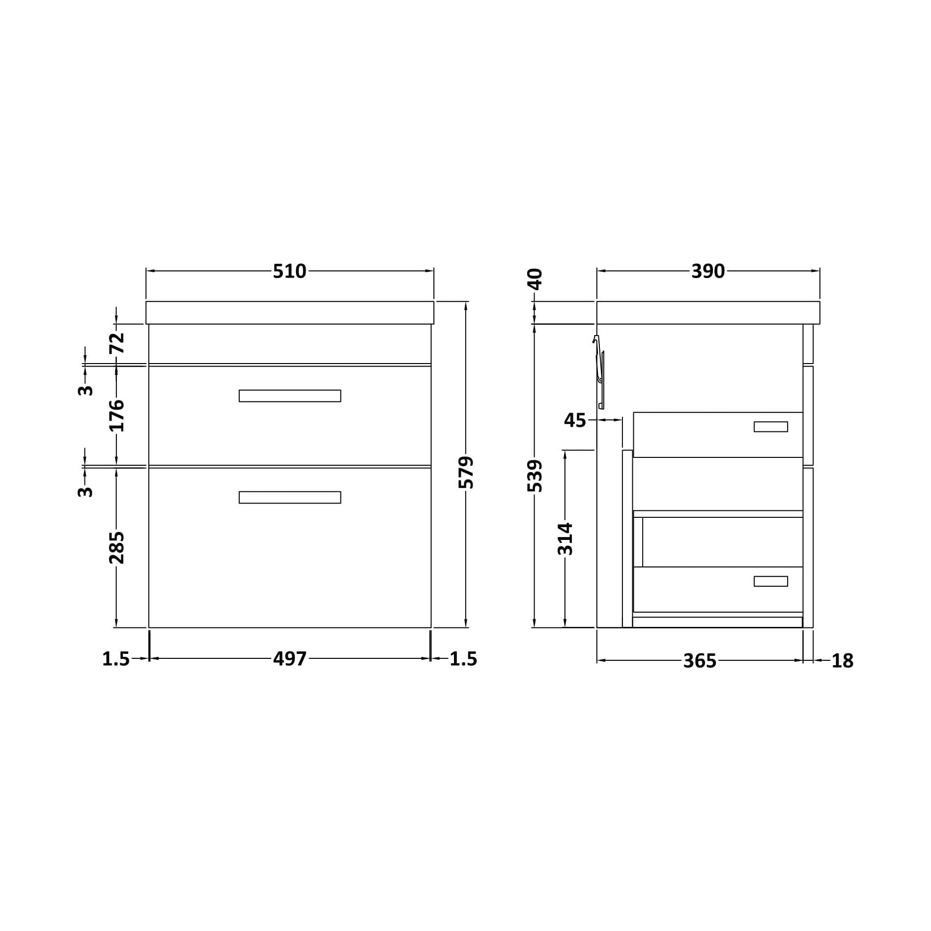 [BFRI020A7] Rio 2 Drawer Wall Hung Vanity Basin Unit - 500mm - Gloss White with Chrome Square Handles (Tap Not Included) - Technical Drawing