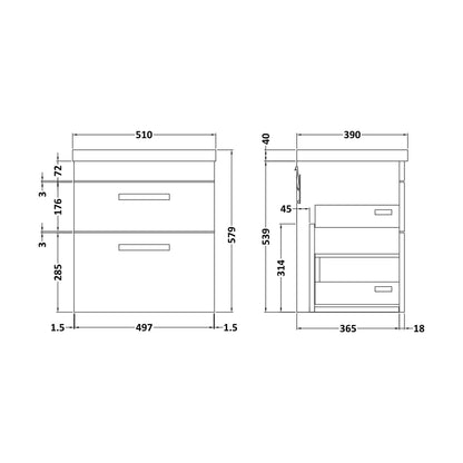[BFRI020A7] Rio 2 Drawer Wall Hung Vanity Basin Unit - 500mm - Gloss White with Chrome Square Handles (Tap Not Included) - Technical Drawing