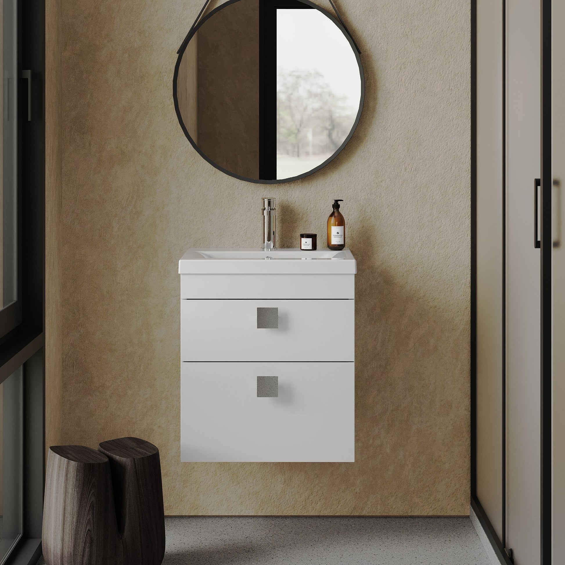 [BFRI020A7] Rio 2 Drawer Wall Hung Vanity Basin Unit - 500mm - Gloss White with Chrome Square Handles (Tap Not Included) - Lifestyle 1
