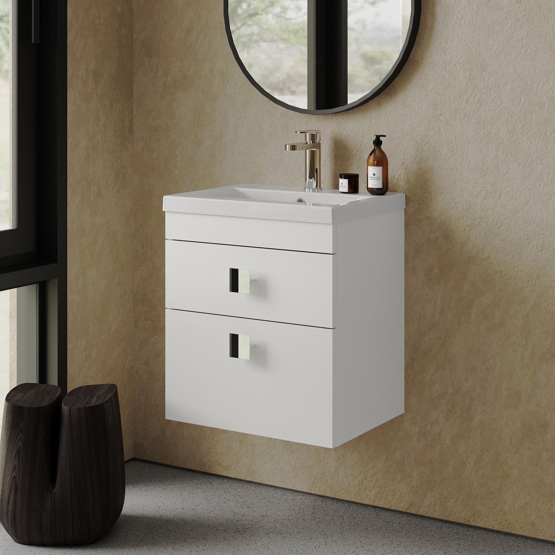 [BFRI020A7] Rio 2 Drawer Wall Hung Vanity Basin Unit - 500mm - Gloss White with Chrome Square Handles (Tap Not Included) - Lifestyle 3