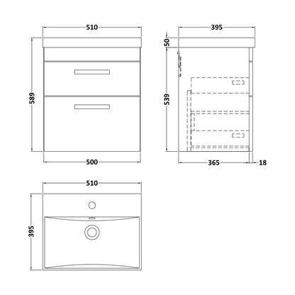 [BFRI020D] Millwich Contemporary 2 Drawer Wall Hung Vanity Unit with Thin Edge Basin, Gloss White, 500mm - Technical Drawing