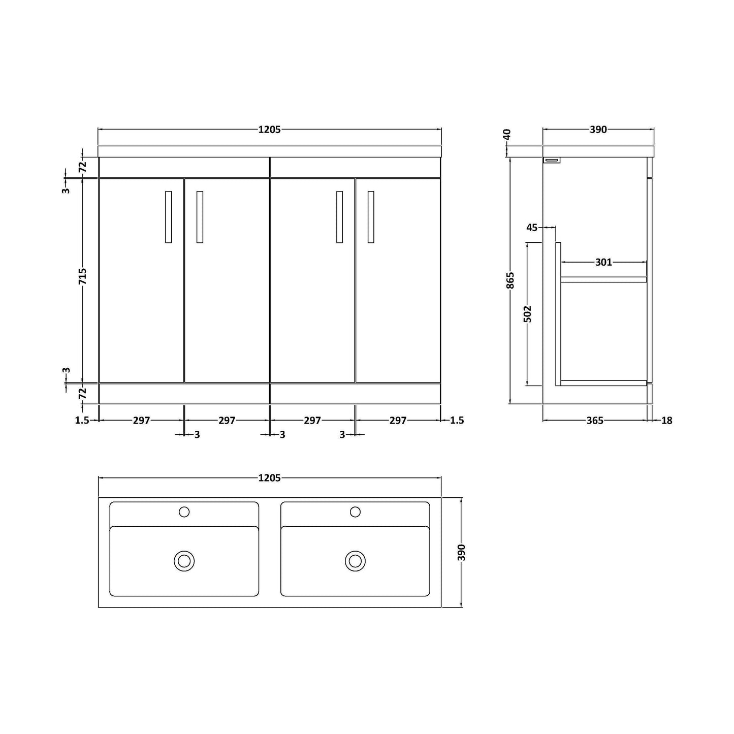 [BFRI027F] Millwich Contemporary 4 Door Floor Standing Vanity Unit with Basin, Gloss White, 1200mm - Technical Drawing