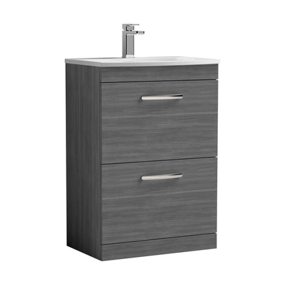[BFRI032G] Millwich Contemporary 2 Drawer Floor Standing Vanity Unit with Curved Basin, Anthracite Woodgrain, 600mm - Cutout