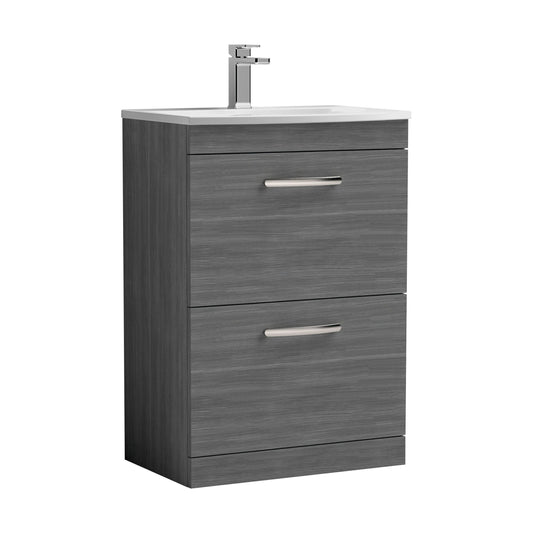 [BFRI032G] Millwich Contemporary 2 Drawer Floor Standing Vanity Unit with Curved Basin, Anthracite Woodgrain, 600mm - Cutout