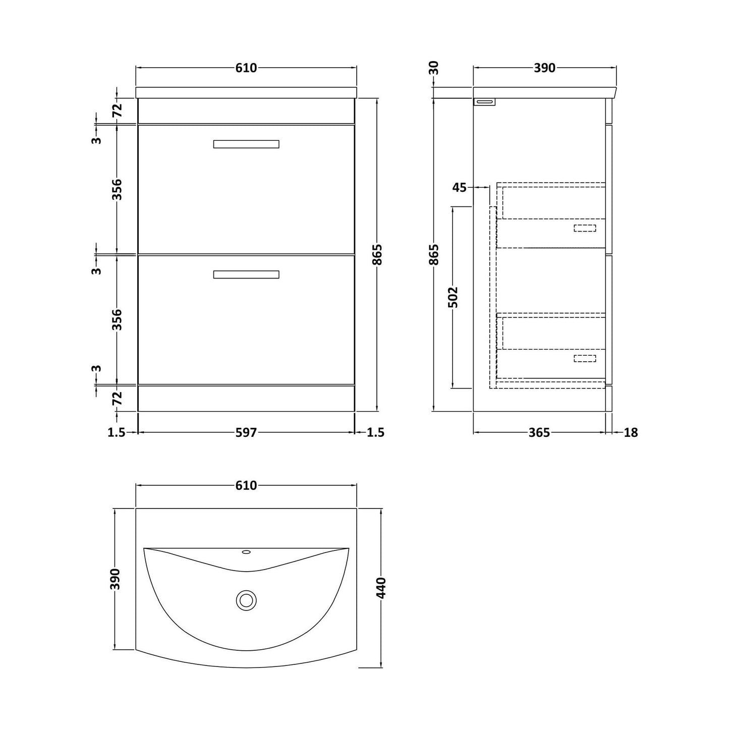 [BFRI032G] Millwich Contemporary 2 Drawer Floor Standing Vanity Unit with Curved Basin, Anthracite Woodgrain, 600mm - Technical Drawing