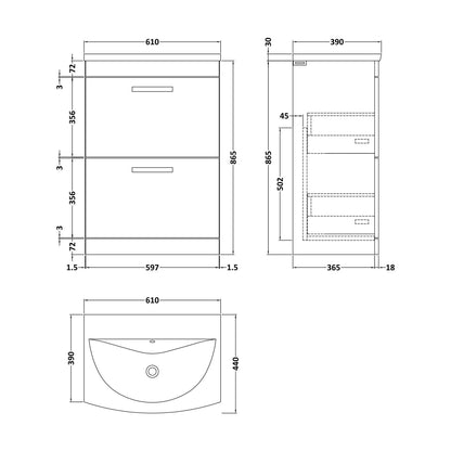 [BFRI032G] Millwich Contemporary 2 Drawer Floor Standing Vanity Unit with Curved Basin, Anthracite Woodgrain, 600mm - Technical Drawing