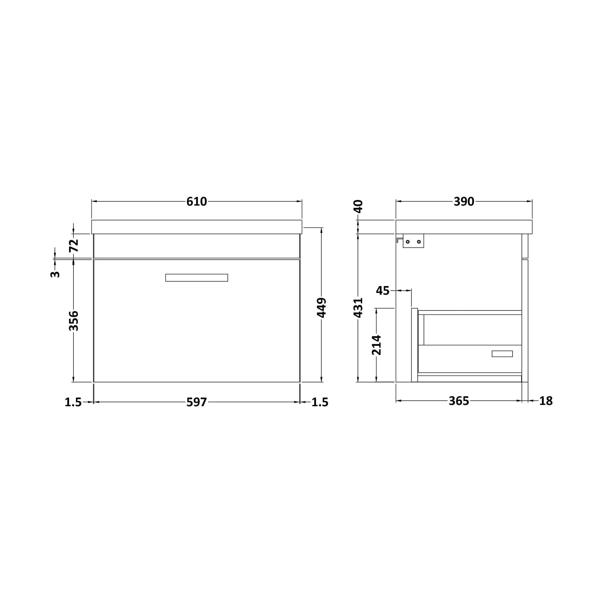 [BFRI041A17] Rio 1 Drawer Wall Hung Vanity Basin Unit - 600mm - Gloss White with Black D-shaped handle (Tap Not Included) - Balterley - Technical Drawing