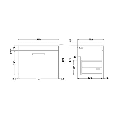 [BFRI041A17] Rio 1 Drawer Wall Hung Vanity Basin Unit - 600mm - Gloss White with Black D-shaped handle (Tap Not Included) - Balterley - Technical Drawing