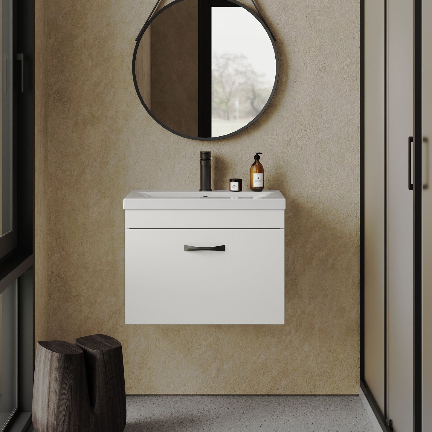 [BFRI041A17] Rio 1 Drawer Wall Hung Vanity Basin Unit - 600mm - Gloss White with Black D-shaped handle (Tap Not Included) - Balterley - Lifestyle 1