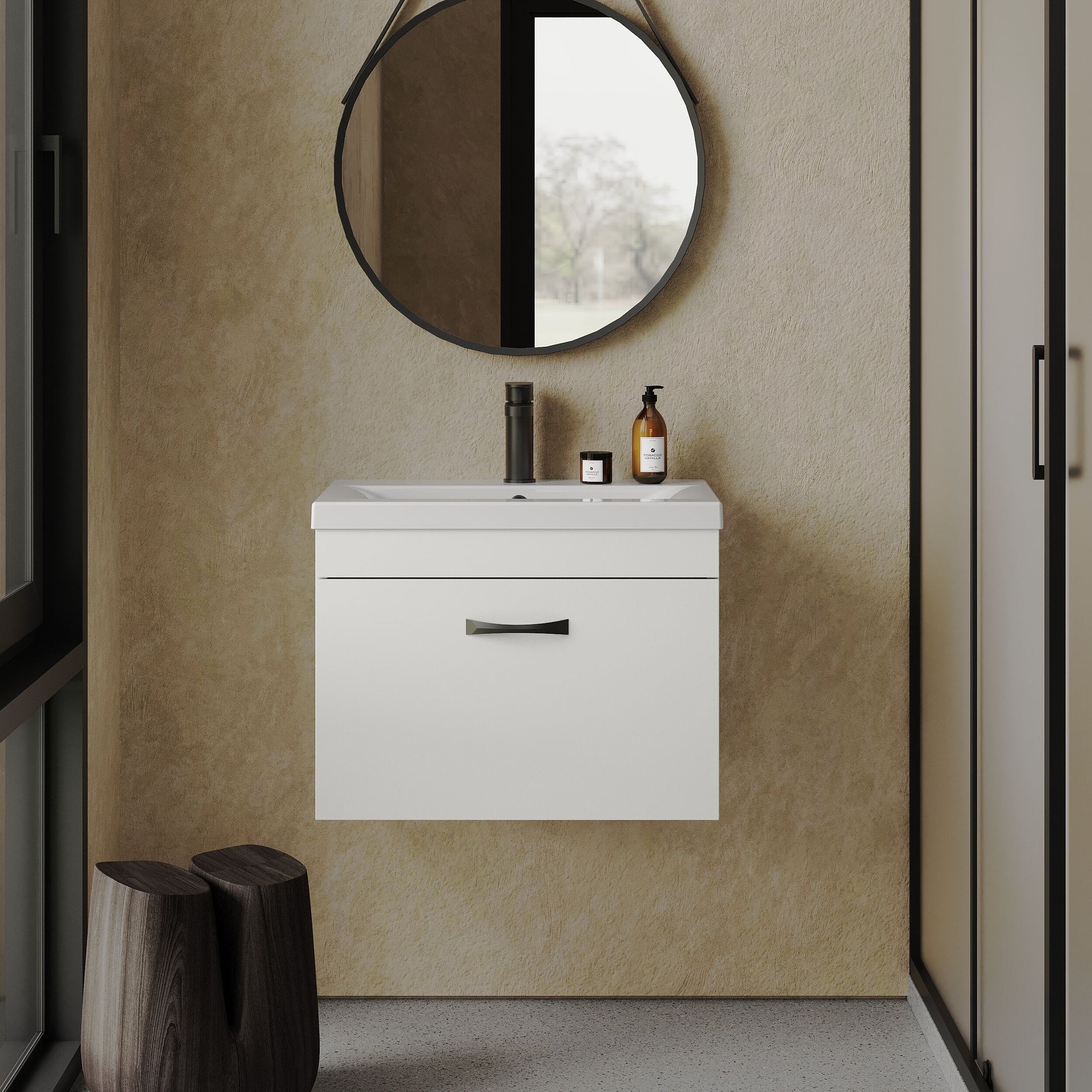 [BFRI041A17] Rio 1 Drawer Wall Hung Vanity Basin Unit - 600mm - Gloss White with Black D-shaped handle (Tap Not Included) - Balterley - Lifestyle 1