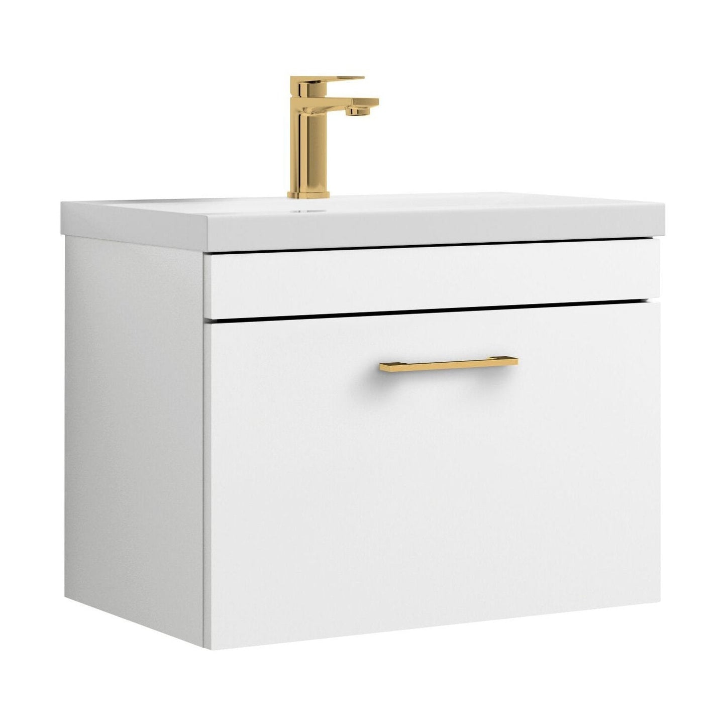 [BFRI041A68] Rio 1 Drawer Wall Hung Vanity Basin Unit - 600mm - Gloss White with Brushed Brass D-shaped handle (Tap Not Included) - Cutout