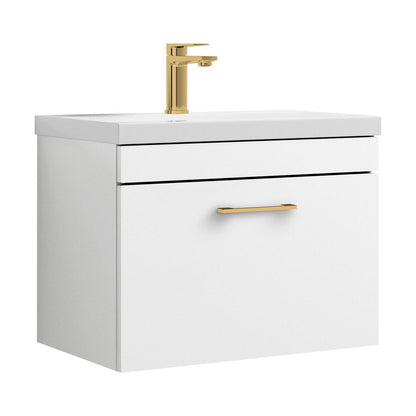 [BFRI041A68] Rio 1 Drawer Wall Hung Vanity Basin Unit - 600mm - Gloss White with Brushed Brass D-shaped handle (Tap Not Included) - Cutout