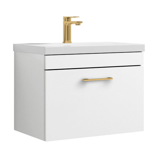 [BFRI041A68] Rio 1 Drawer Wall Hung Vanity Basin Unit - 600mm - Gloss White with Brushed Brass D-shaped handle (Tap Not Included) - Cutout