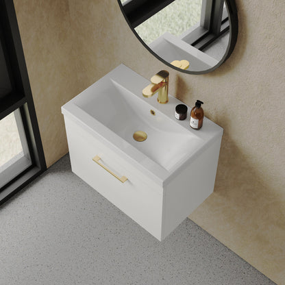 [BFRI041A68] Rio 1 Drawer Wall Hung Vanity Basin Unit - 600mm - Gloss White with Brushed Brass D-shaped handle (Tap Not Included) - Lifestyle 2