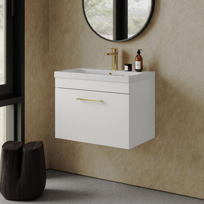 [BFRI041A68] Rio 1 Drawer Wall Hung Vanity Basin Unit - 600mm - Gloss White with Brushed Brass D-shaped handle (Tap Not Included) - Lifestyle 3