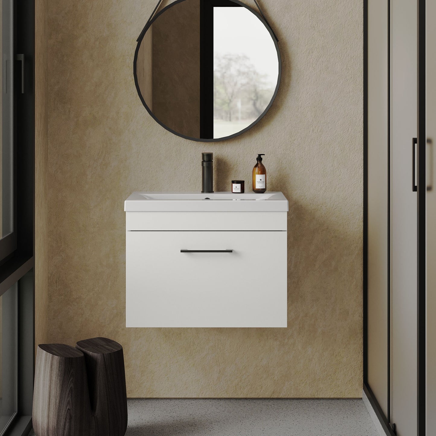 [BFRI041A69] Rio 1 Drawer Wall Hung Vanity Basin Unit - 600mm - Gloss White with Square Black D-shaped handle (Tap Not Included) - Balterley - Lifestyle 1