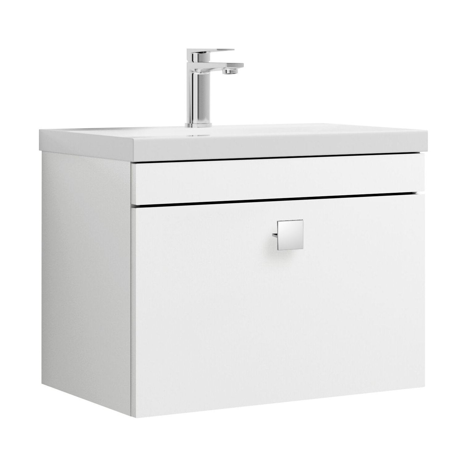 [BFRI041A7] Rio 1 Drawer Wall Hung Vanity Basin Unit - 600mm - Gloss White with Chrome Square Handle (Tap Not Included) - Cutout