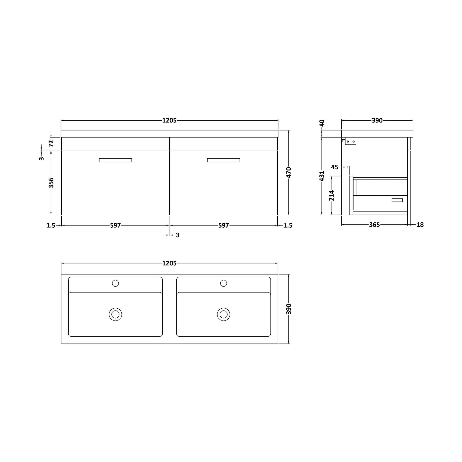[BFRI041F] Millwich Contemporary 2 Drawer Wall Hung Vanity Unit with Basin, Gloss White, 1200mm - Technical Drawing