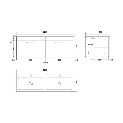 [BFRI041F] Millwich Contemporary 2 Drawer Wall Hung Vanity Unit with Basin, Gloss White, 1200mm - Technical Drawing