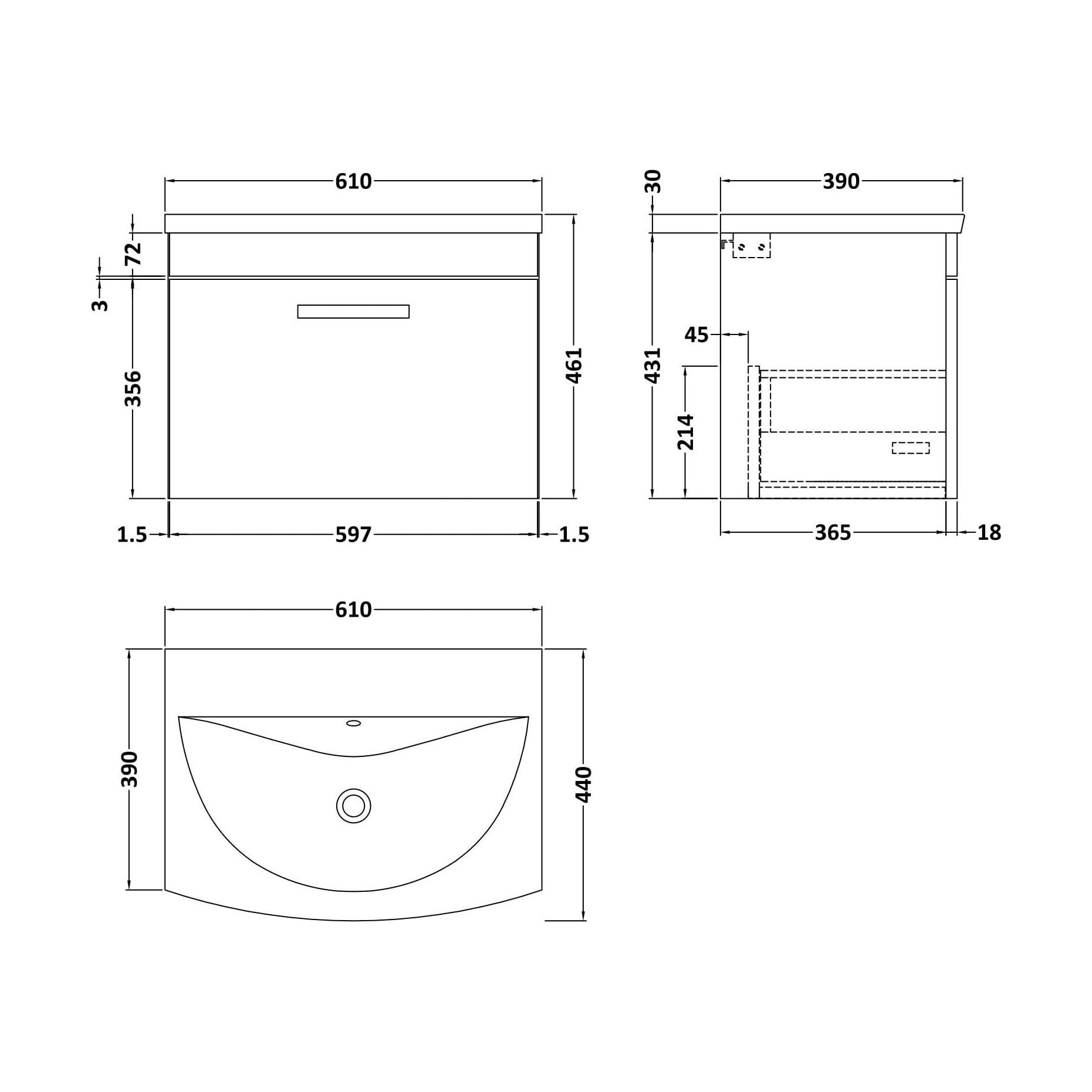 [BFRI041G] Millwich Contemporary 1 Drawer Wall Hung Vanity Unit with Curved Basin, Gloss White, 600mm - Technical Drawing