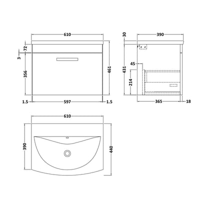 [BFRI041G] Millwich Contemporary 1 Drawer Wall Hung Vanity Unit with Curved Basin, Gloss White, 600mm - Technical Drawing
