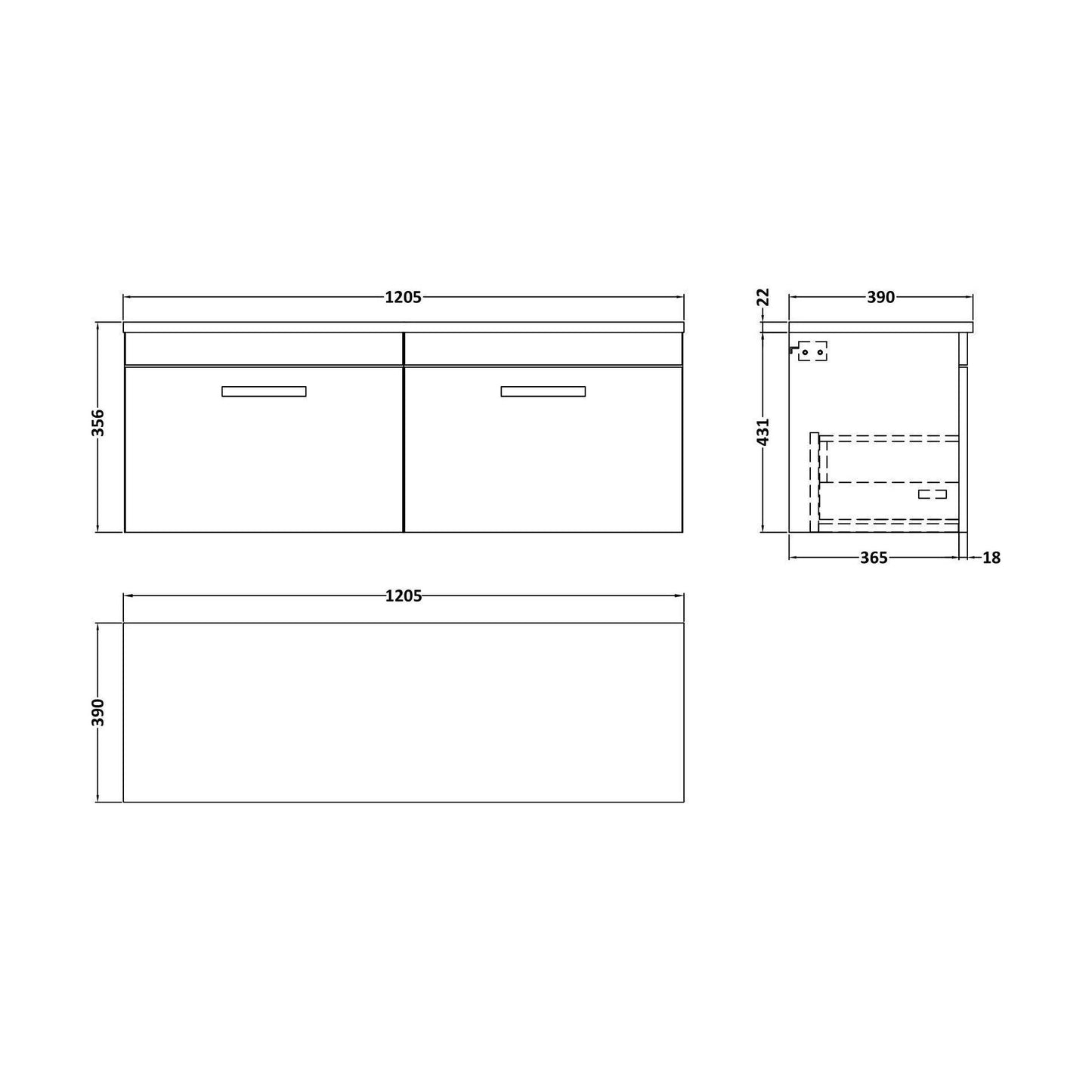 [BFRI041LBG2] Millwich Contemporary 2 Drawer Wall Hung Vanity Unit with Laminate Black Galaxy Granite Worktop, Gloss White, 1200mm - Technical Drawing