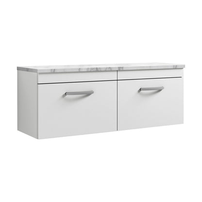 [BFRI041LCM2] Millwich Contemporary 2 Drawer Wall Hung Vanity Unit with Laminate Carrara Marble Worktop, Gloss White, 1200mm - Cutout