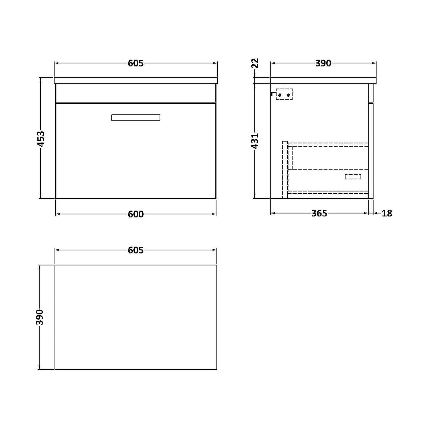 [BFRI041LCM] Millwich Contemporary 1 Drawer Wall Hung Vanity Unit with Laminate Carrara Marble Worktop, Gloss White, 600mm - Technical Drawing