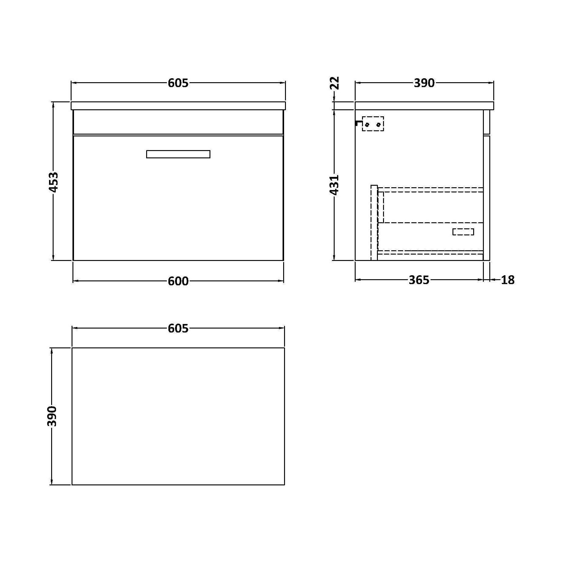 [BFRI041LCM] Millwich Contemporary 1 Drawer Wall Hung Vanity Unit with Laminate Carrara Marble Worktop, Gloss White, 600mm - Technical Drawing