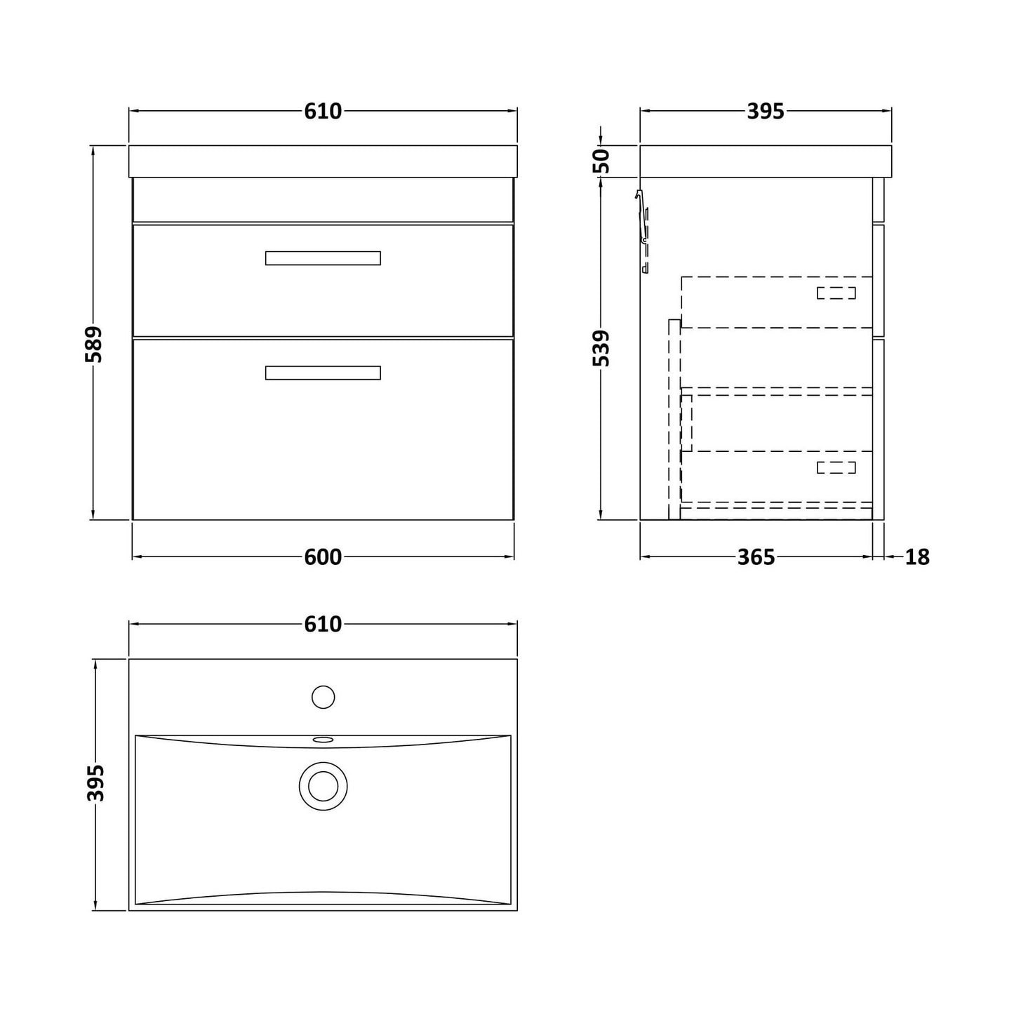 [BFRI046D] Millwich Contemporary 2 Drawer Wall Hung Vanity Unit with Thin Edge Basin, Anthracite Woodgrain, 600mm - Technical Drawing