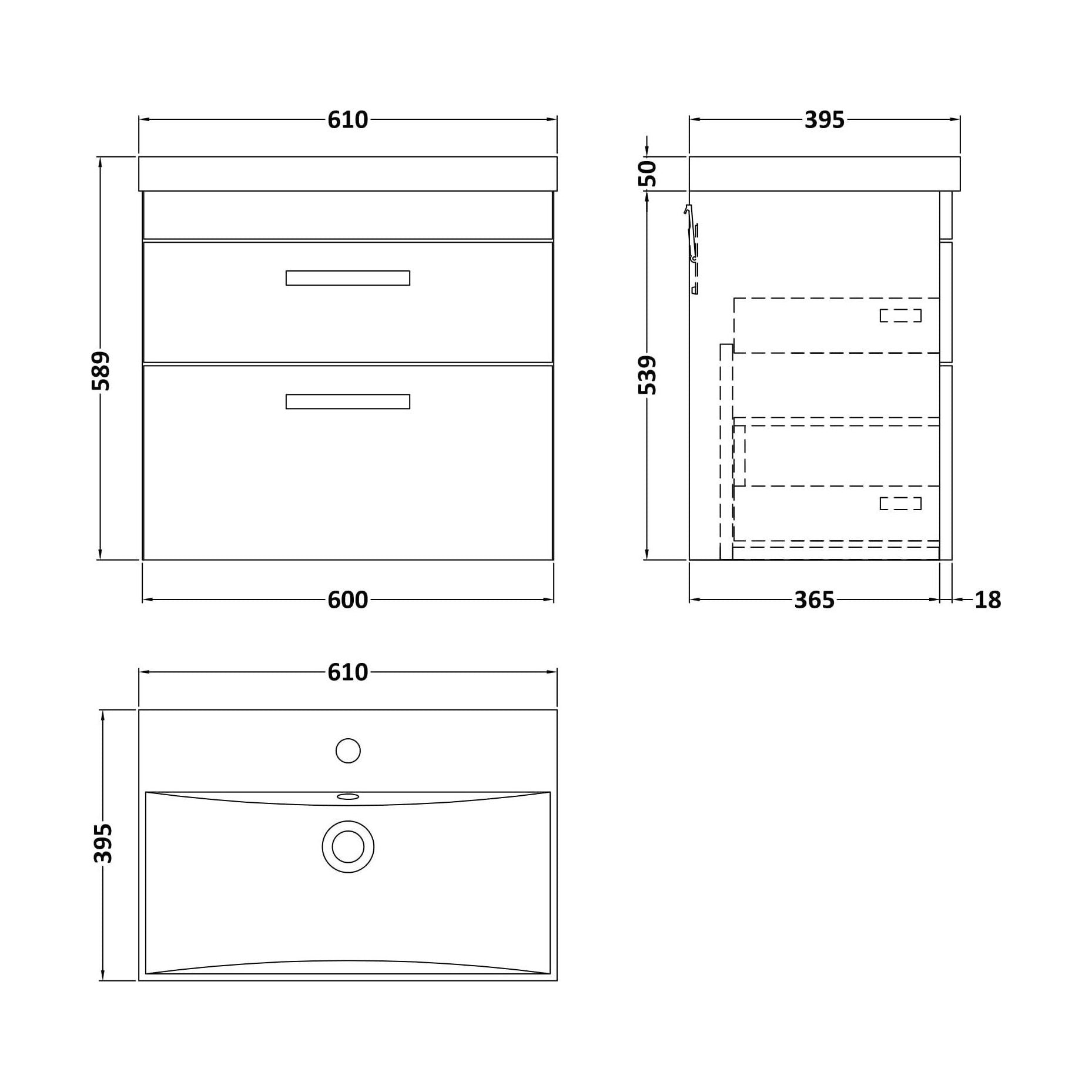 [BFRI046D] Millwich Contemporary 2 Drawer Wall Hung Vanity Unit with Thin Edge Basin, Anthracite Woodgrain, 600mm - Technical Drawing