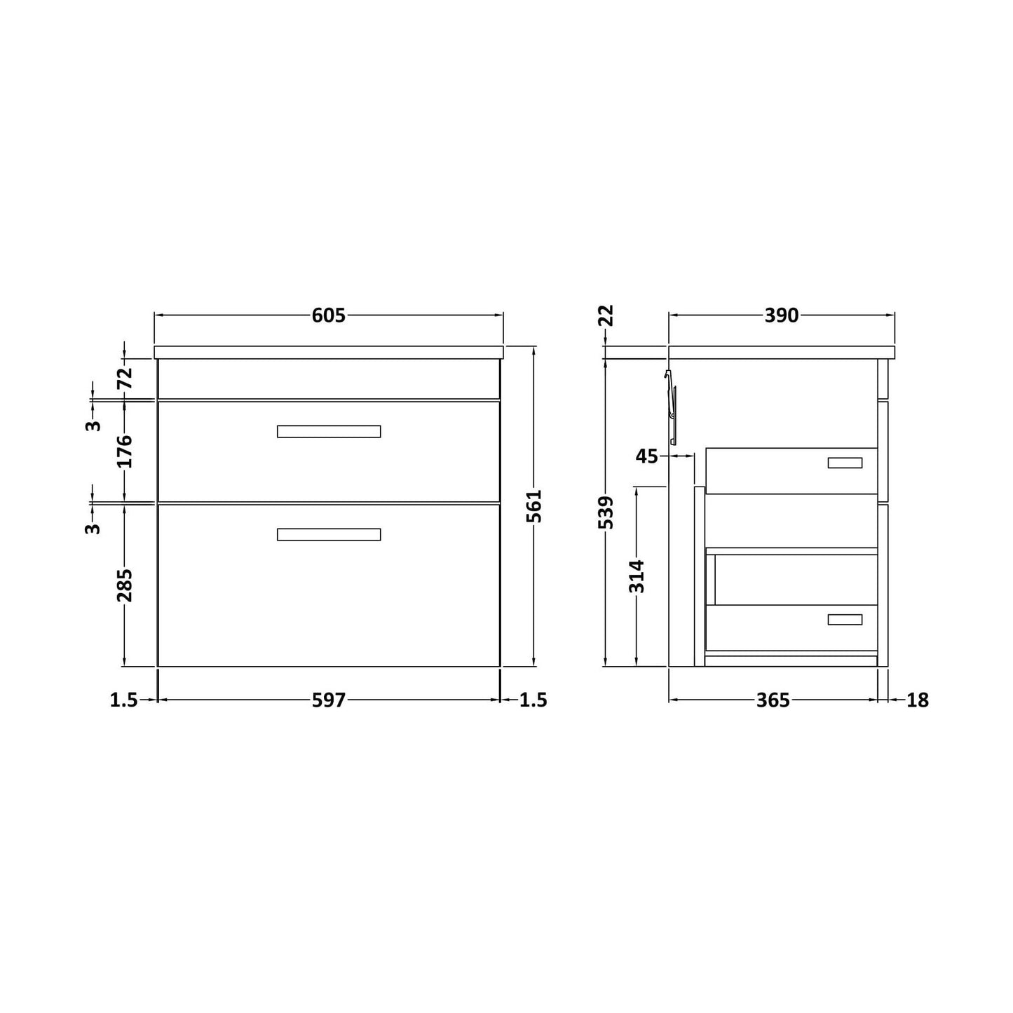 [BFRI046LBG] Millwich Contemporary 2 Drawer Wall Hung Vanity Unit with Laminate Black Galaxy Granite Worktop, Anthracite Woodgrain, 600mm - Technical Drawing