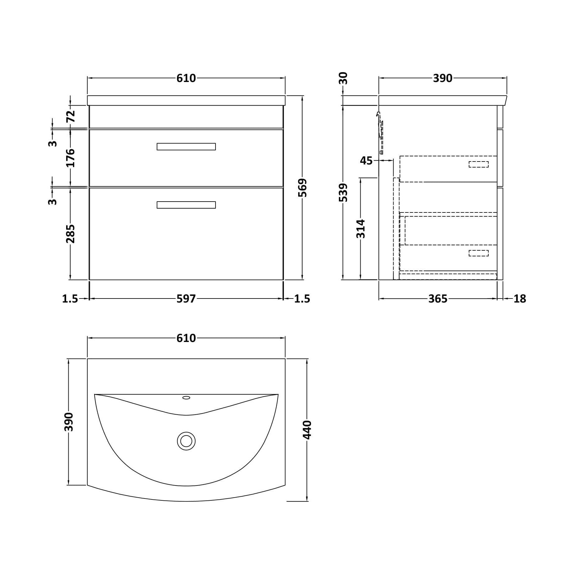 [BFRI047G] Millwich Contemporary 2 Drawer Wall Hung Vanity Unit with Curved Basin, Charcoal Black, 600mm - Technical Drawing