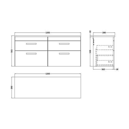 [BFRI047LBG2] Millwich Contemporary 4 Drawer Wall Hung Vanity Unit with Laminate Black Galaxy Granite Worktop, Charcoal Black, 1200mm - Technical Drawing